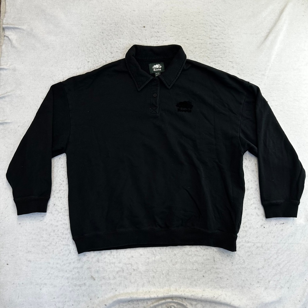 Roots Polo Sweatshirt Mens XL Black Long Sleeve Collared Pullover